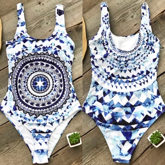NEW Blue White Boho 1 Piece Swimsuit S M L NWT ! - Picture 3 of 8